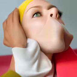 a beautiful woman with a face mask holding her hair