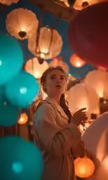 a young woman in a long dress standing with lighted lamps