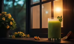 a glass of juice sitting on top of a counter