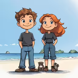 a cartoon image of two people standing by each other on the beach with a dog
