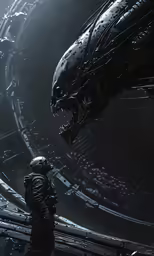 the alien attacking alien from space next to a giant dinosaur