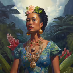 a woman with a floral headpiece standing in a garden,a painting of a woman wearing jewelry
