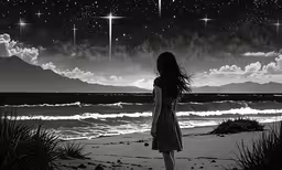 a young girl standing on top of a sandy beach,a girl looks out at the stars above the ocean on a beach
