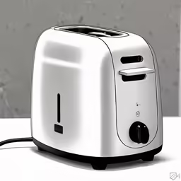 a white toaster with two slices of bread in front of it