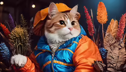 a cat in an orange coat surrounded by flowers