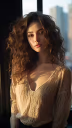 a woman sitting by a window looking at the camera,woman in front of a window with big breast