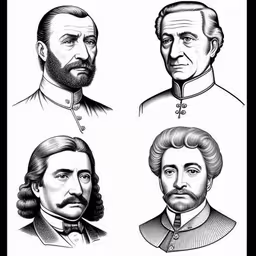 four old people in formal dress, with beards and long hair,four men in uniform, all facing forward, each with long hair,four people are shown in this historical style illustration,four different types of people that are dressed in historical clothes,a group of five presidents from the 1800s - 1900