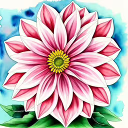 this is a picture of a watercolor drawing of a large flower,a colorfully painted flower on a white surface,the flower has a beautiful center and is pink,large colored floral watercolor on watercolor paper,a flower with leaves sitting on top of it