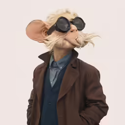 a man is dressed in a fake mouse costume with huge black goggles