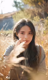 a young woman sitting in a field with long brown hair