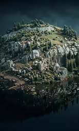 an island with rocks near water on a dark night