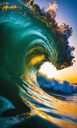 the water is very strong and large with a wave in it,a view of the inside of a wave from under it