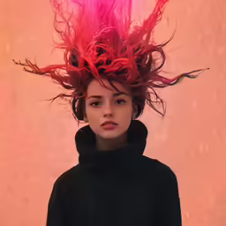 a young woman wearing a black hoodie with red, pink and purple hair