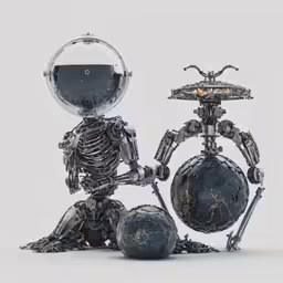 an intricately decorated robot next to an empty vase