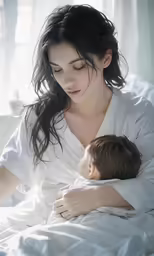 an adult holding a child on a bed