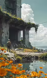 a man walks by an old abandoned building near the ocean