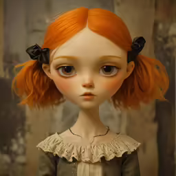 a dolls life doll, with orange hair, and a brown dress