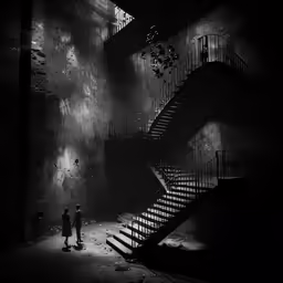 two people standing under a spiral staircase