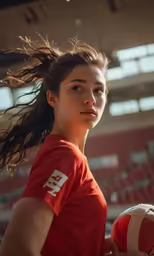 a girl in a red shirt holding a ball in her hand