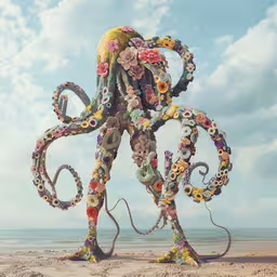 an octopus is covered with colorful knitted flowers,an octopus sculpture is made out of many colorful beads and yarns
