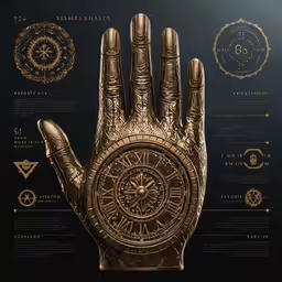 golden object set in palm with black background