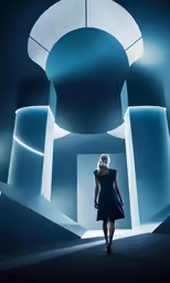 a woman walking through a dark room with blue walls