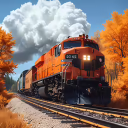 an orange train traveling down train tracks next to autumn trees
