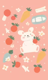 a pink wall with a teddy bear surrounded by carrots and daisies