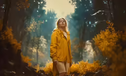 a girl standing alone in a forest in the fall