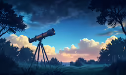 a telescope is positioned on a tripod in the night