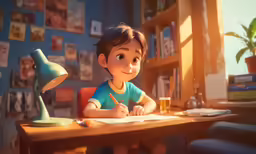 a child sitting at a desk with a lamp and a paper