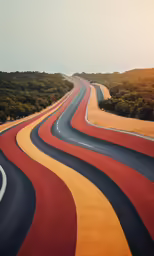 long highway curves with red and yellow markings