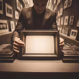 a man holding a wooden framed white board
