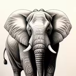 a drawing of a elephant, with white background,an elephant in black and white is shown,drawing of an elephant with black ink,an elephant with tusks painted on it