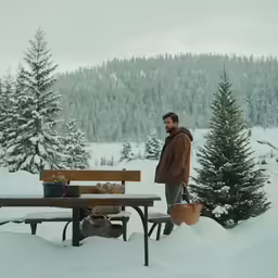 man standing next to a picnic table and a tree
