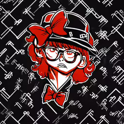 a girl wearing glasses and a hat with a red bow,a red haired woman wearing glasses with a hat and tie
