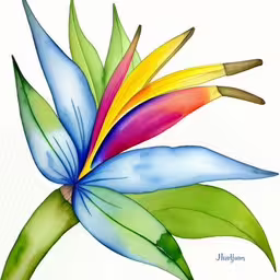 a colorful bird of paradise flower with green leaves,a drawing of colorful flowers with green leaves