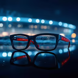 black and red glasses against dark background at night