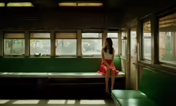 a woman is standing in a train car
