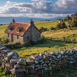 stone cottage surrounded by a field and rock wall