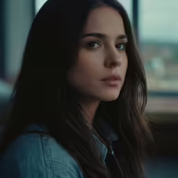 a woman is looking off to her right while wearing denim clothes