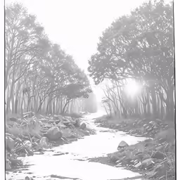 an old photo showing trees and water on the side of the road