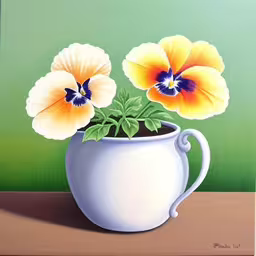 painting of two yellow and blue flowers in a white mug,two yellow and blue flowers sit in a white vase