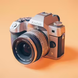 a camera with its lens up against a yellow background