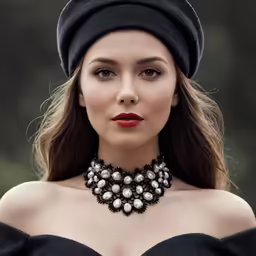 a woman is wearing a black dress and a large necklace