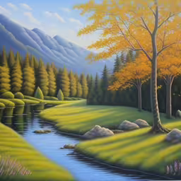 a painting of a grassy lake near trees,a landscape painting of green grass, mountains and stream
