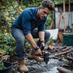 a man that is kneeling down and using a tool