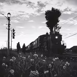 people walking around on grass next to a train