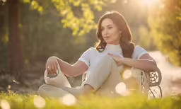 a woman sitting on a bench in the park