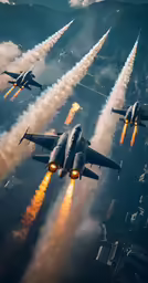 four fighter jets flying in formation in the sky